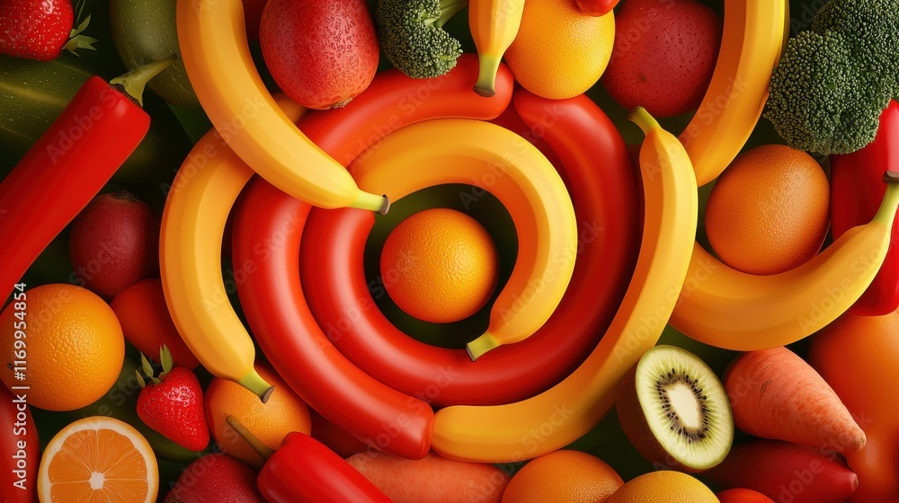 Poster creative 3d rendering showcasing a vibrant assortment of fresh colorful fruits and vegetables arrang