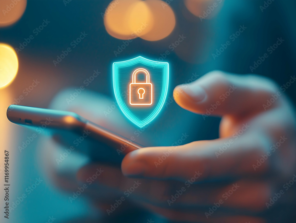 Poster a person holds a smartphone displaying a digital shield icon, symbolizing cybersecurity and data pro