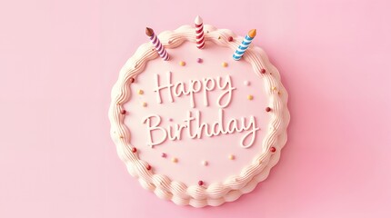 Top-down view of a frosted pink birthday cake with three candles and "Happy Birthday" written on top in white icing