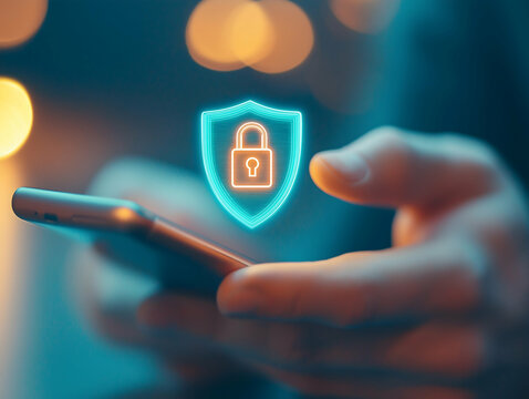 A person holds a smartphone displaying a digital shield icon, symbolizing cybersecurity and data protection in a modern, illuminated environment.