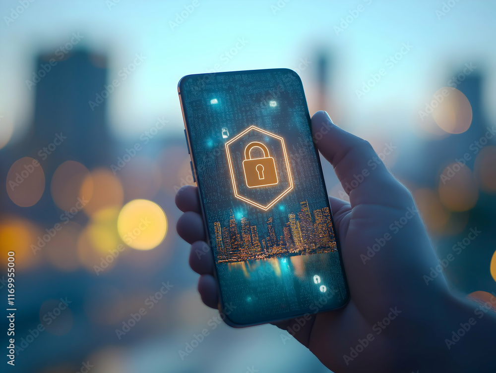 Poster a hand holds a smartphone displaying a digital lock icon, symbolizing cybersecurity against a blurre