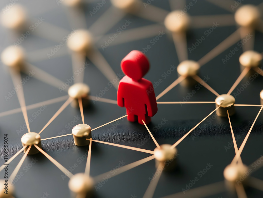 Poster a red figure stands amidst a network of golden nodes, symbolizing connection and interaction in a di