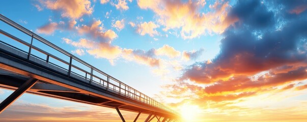 A serene landscape featuring a modern bridge under a vibrant sunset, with colorful clouds illuminating the sky.