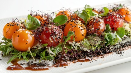 Crisp and Fresh Salad Mix of Vibrant Greens and Juicy Cherry Tomatoes Artfully Arranged on a Plate Showcasing a Healthy and Delicious Meal or Appetizer for a Nutritious Lifestyle