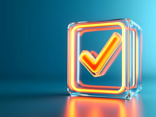 A glowing checkmark icon inside a transparent cube, symbolizing approval or completion against a blue background.