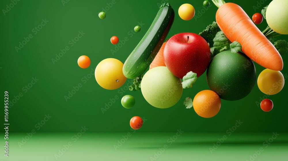 Poster detailed 3d top view of fresh colorful fruits and vegetables floating and falling in a dynamic and e