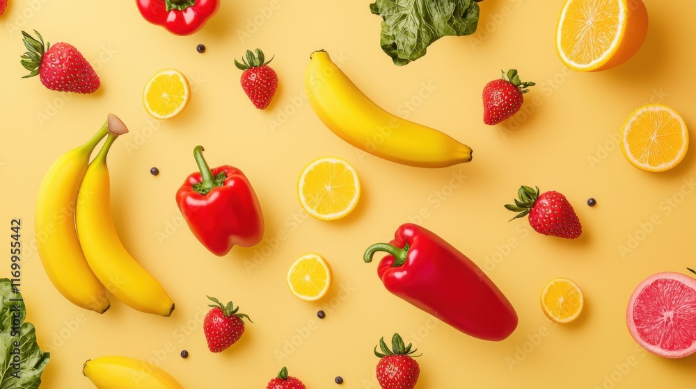 Poster falling fruits and vibrant vegetables in dynamic 3d digital render colorful assortment of fresh prod