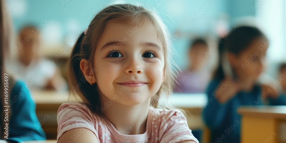 Poster a joyful young female student with a bright smile, sitting at the front of her class, ready to learn