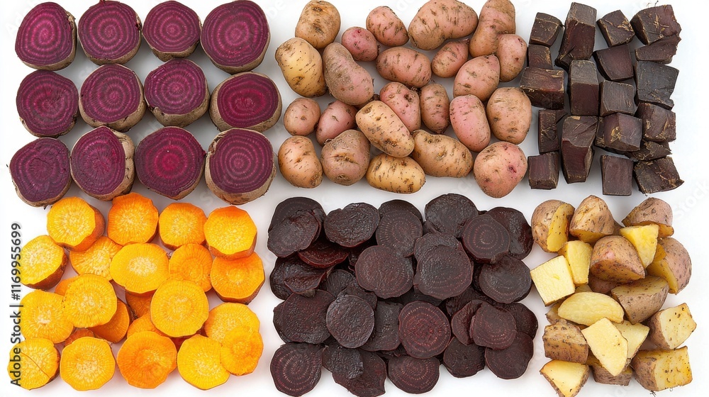 Poster flat lay composition featuring an array of vibrant freshly harvested root vegetables including beets