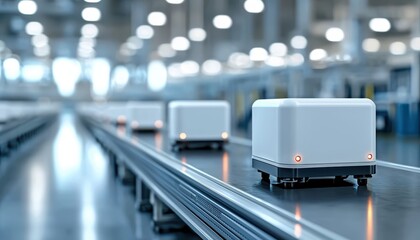 Automated delivery vehicles on a conveyor belt in a modern warehouse, showcasing advanced logistics and technology in motion.