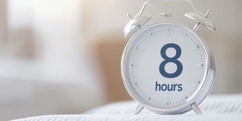 Alarm desk a message to 8 hours sleep on retro clock in bedroom. Vintage clock in black and white of morning time green and yellow plants in the background. World sleep day