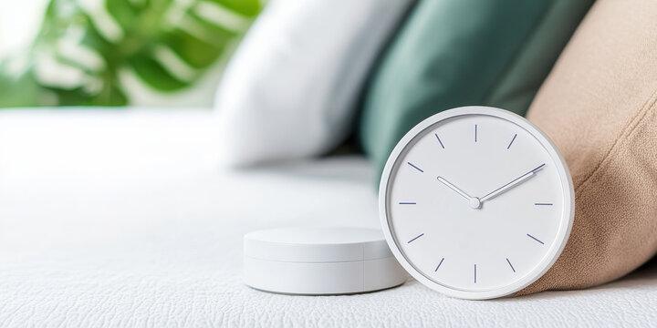 Alarm desk a message to sleep now on retro clock in bedroom. Vintage clock in black white of morning time green and yellow plants in the background. World sleep day