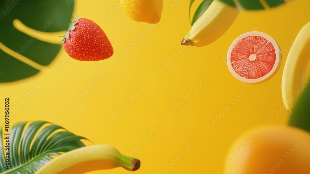 Poster lively 3d rendering depicting an array of colorful fruits and vegetables including bananas strawberr