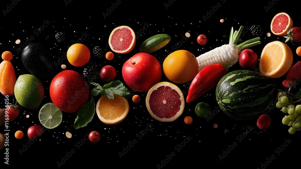 Poster lively 3d rendering of an assortment of fresh colorful fruits and vegetables floating and falling ag