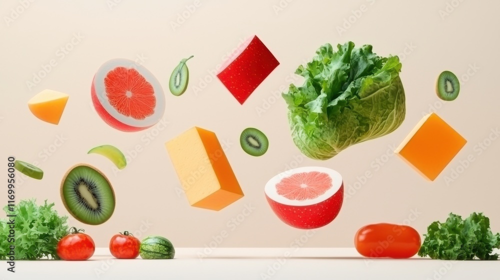 Poster lively 3d rendering showcasing a dynamic arrangement of various floating and levitating fruits and v