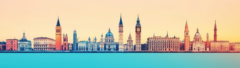 Fototapeta premium A colorful silhouette of a city skyline at dusk, featuring iconic towers and historic buildings against a gradient background.