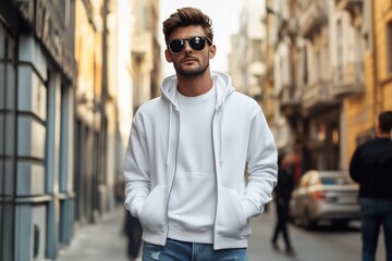 Fototapeta premium A stylish young man wearing a white zipped hoodie mockup and sunglasses, walking confidently down a city street. The background features urban architecture and blurred pedestrians. 