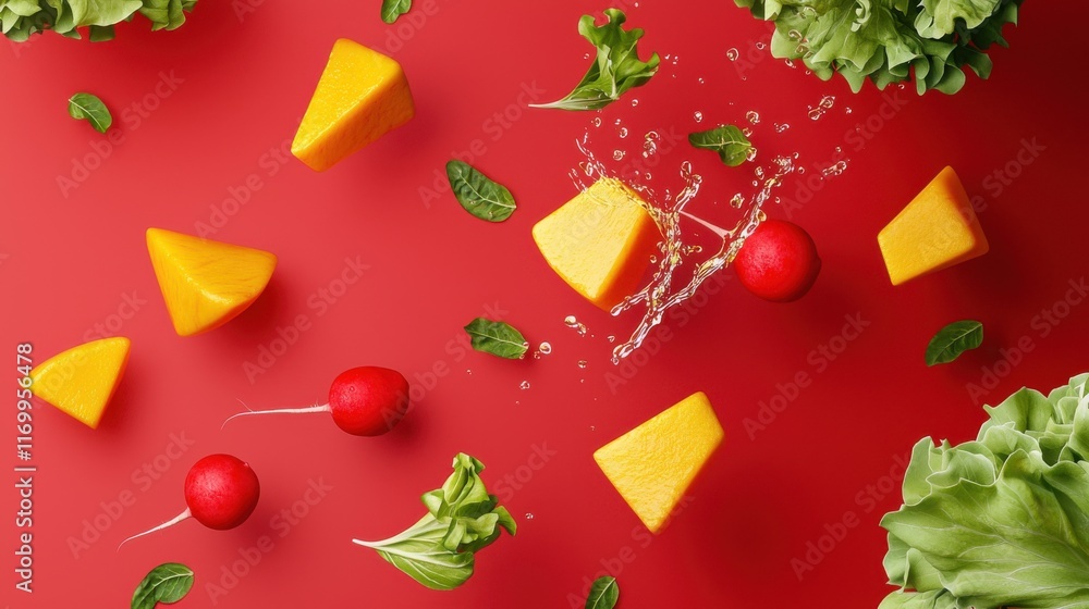 Poster playful 3d render of assorted fresh produce like radishes lettuce and tomatoes splashing dynamically