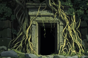 Ancient Stone Doorway Overgrown By Jungle Vines