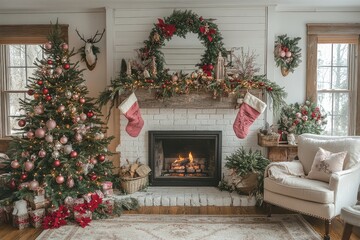 Cozy Christmas living room with pink and red tree ornaments, vintage stockings, fireplace, and comfortable chairs, soft lighting creating warm ambiance.