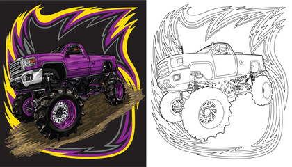 Outline purple truck splash, isolated on a black background, for t-shirt design, print, and for business, purposes.