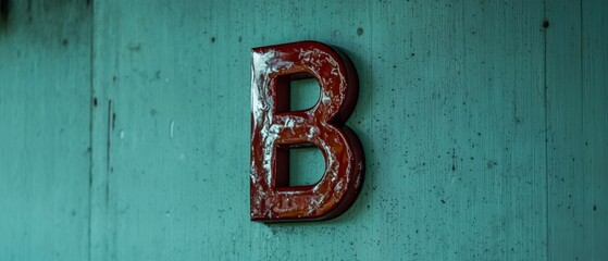 Rustic Red Letter B on Weathered Teal Wall  Alphabet  Typography  Vintage  Sign  Decor