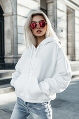 Obraz premium A stylish young woman wearing a white zipped hoodie mockup and reflective sunglasses, posing confidently outdoors. She has long blonde hair and stands in front of a modern building. 