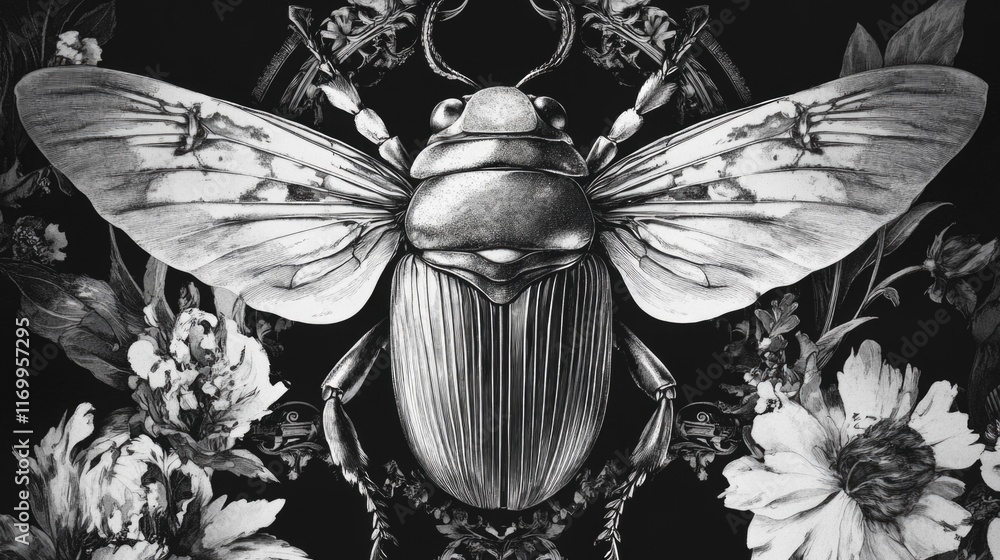 Poster black and white drawing of a bug with flowers in the background. the bug is the main focus of the im
