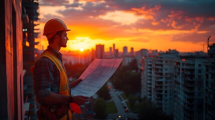 A construction worker stands on a building reviewing blueprints against a vibrant sunset over a cityscape. Inspection. Construction manager inspecting quality of construction