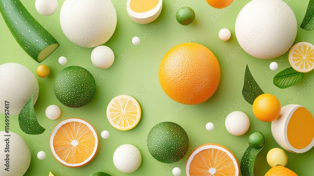 Poster vibrant and colorful 3d rendered image of a striking composition featuring a mix of fresh citrus fru