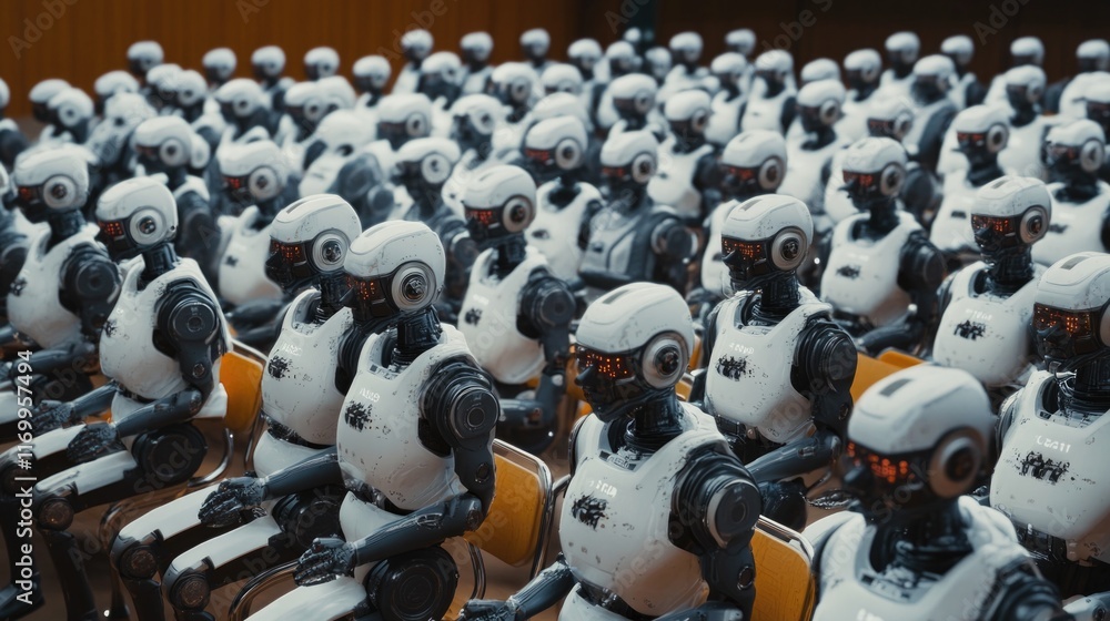 Aufkleber robot assembly line with numerous robots being manufactured and assembled, representing technologica