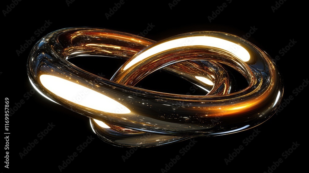 Poster d abstract rings floating in space with a glossy gold finish against a deep black background. no tex