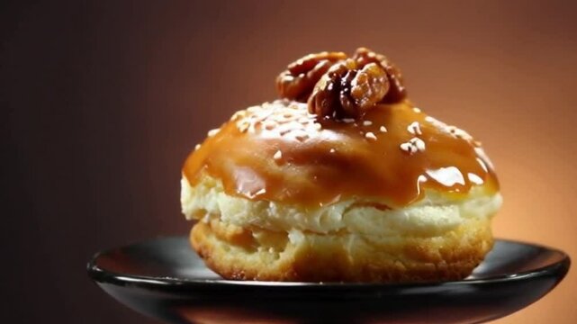 Maple cronut on a black pedestal with golden brown glaze and pecans, creating a rich comforting glow