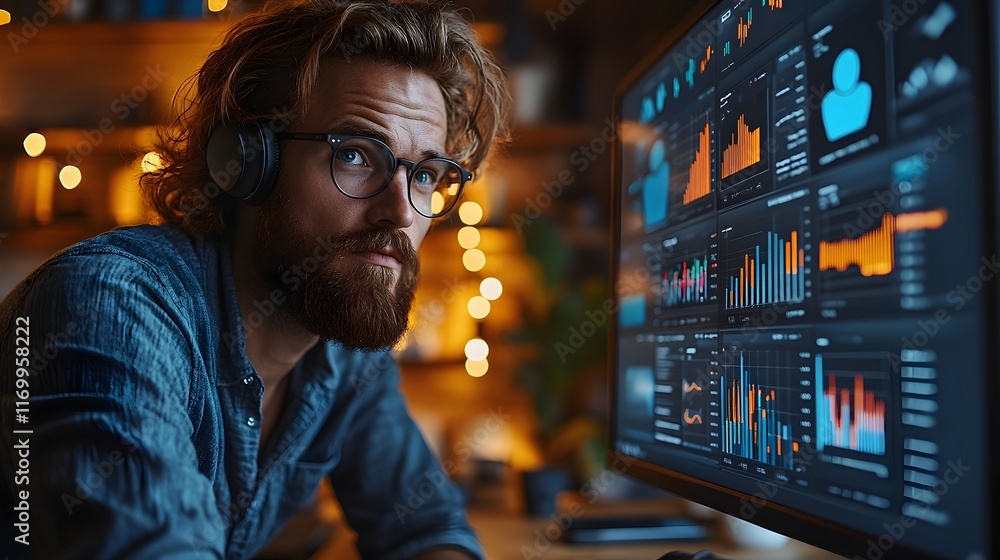 Poster a man intently studies data displayed on a large computer screen. digital marketing analyst social m