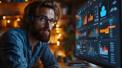 A man intently studies data displayed on a large computer screen. Digital marketing analyst social market