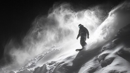 Obraz premium Snowboarder Descending Snowy Mountain During Blizzard