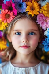 Girl with blue eyes wearing a floral crown with flowers in various shades