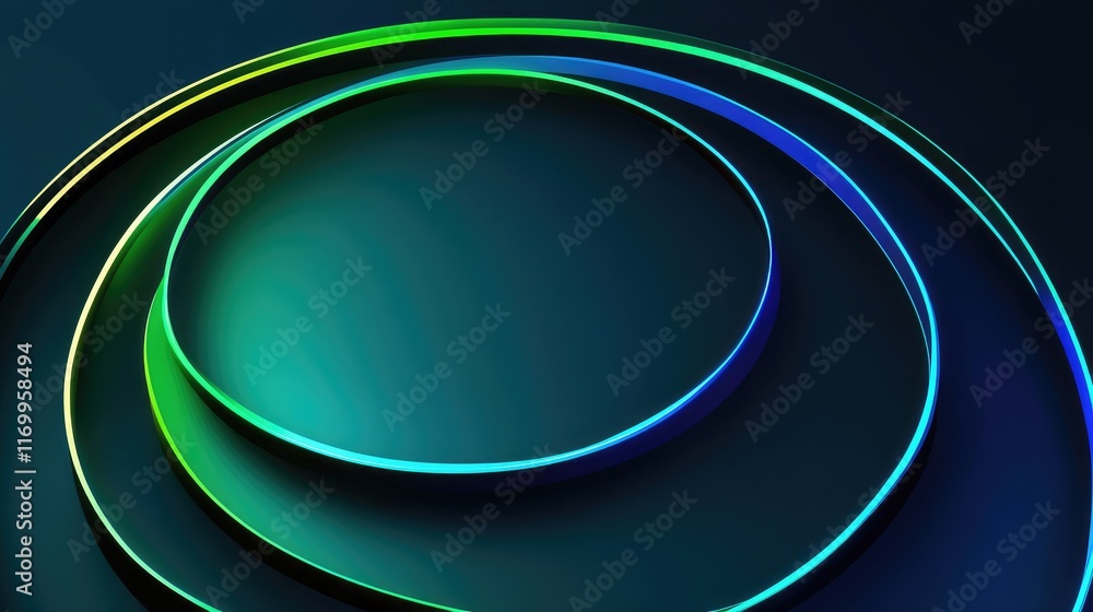 Poster abstract d shapes forming a vortex-like design with a glowing neon edge in shades of green and blue.