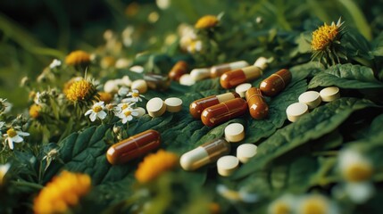 Close-up of various prescription pills mixed with flowers, suggesting the interplay between nature and medicine.