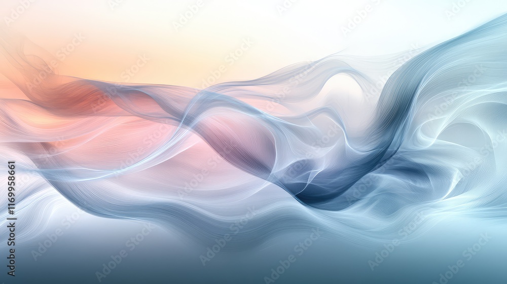 Poster abstract d waves with soft gradients transitioning from blue to pink, creating a fluid, dynamic back
