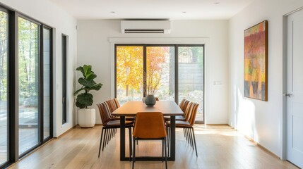 Modern dining room with natural light and autumn foliage view