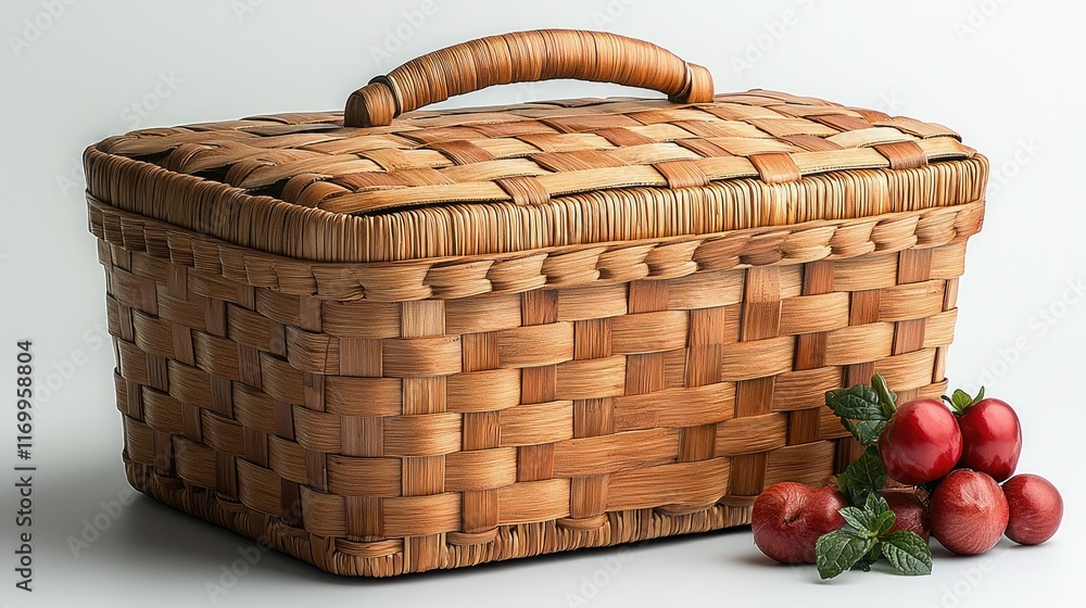 Poster rectangular wicker basket with handle and red fruits.