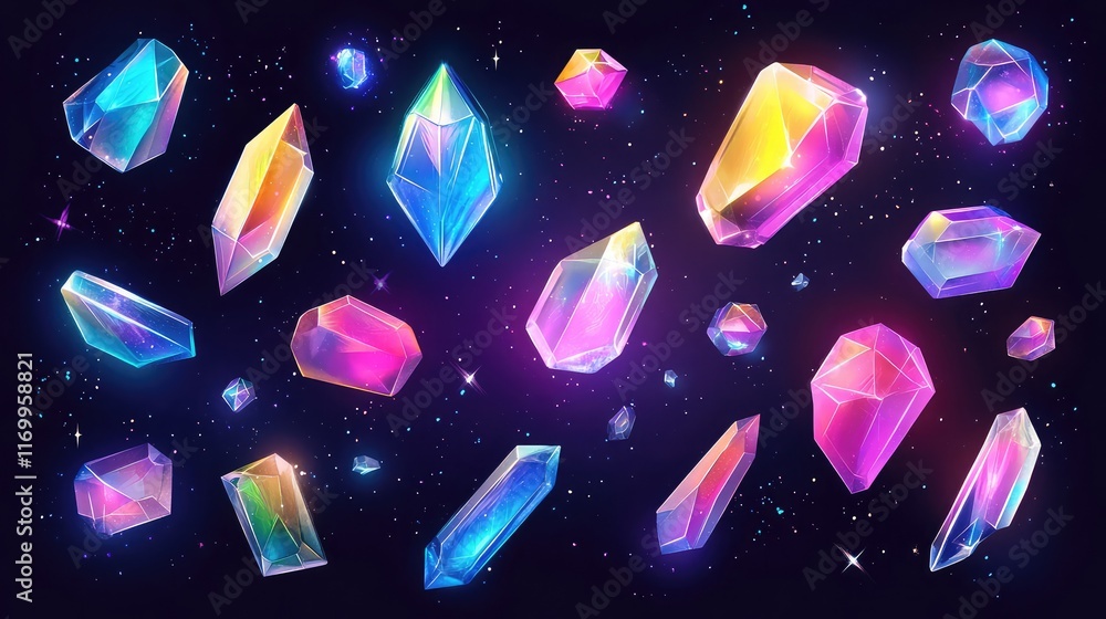 Poster abstract ai-generated glowing crystal-like shapes floating over a dark background, providing ample r