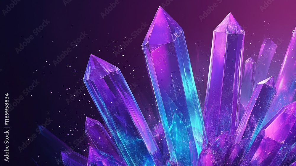 Poster abstract ai-generated glowing crystal-like shapes floating over a dark background, providing ample r