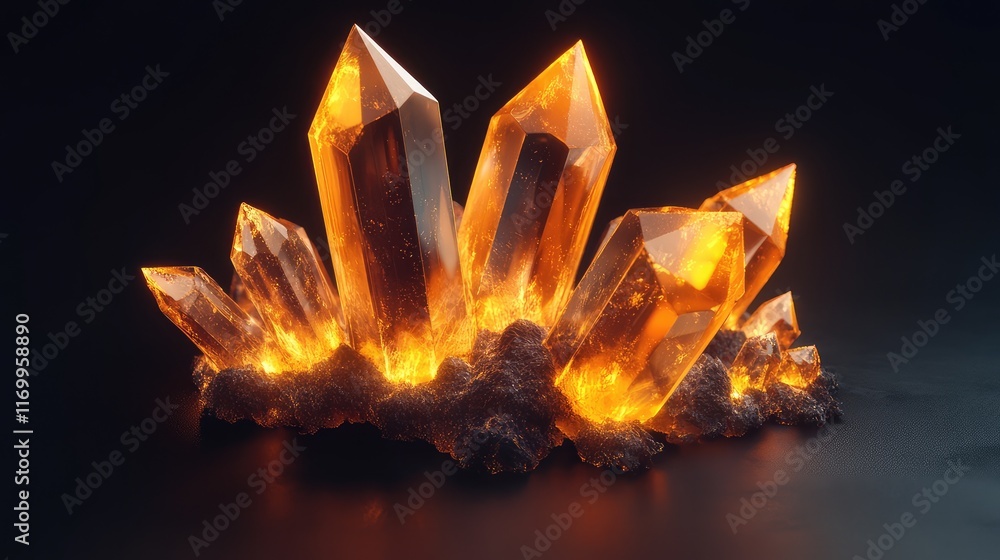 Poster abstract ai-generated glowing crystal-like shapes floating over a dark background, providing ample r