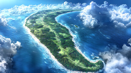 Naklejka premium Aerial view of lush barrier island surrounded by vibrant blue ocean and clouds