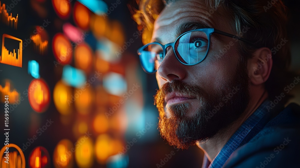 Poster a focused man with glasses examines data displayed on a screen filled with charts and graphs. the im