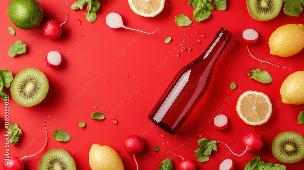Poster vibrant halved fruits and vegetables including kiwi lemon apple and radish artfully arranged on a bo