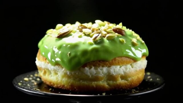 Pistachio cronut on a black pedestal with crushed pistachios, green glaze, and vivid nutty appeal under spotlight