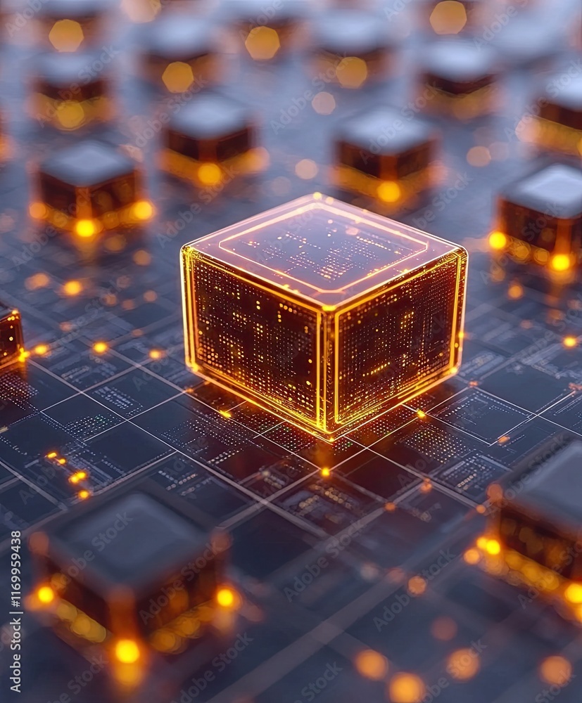 Poster illuminated data cube within a network of similar cubes on a circuit board